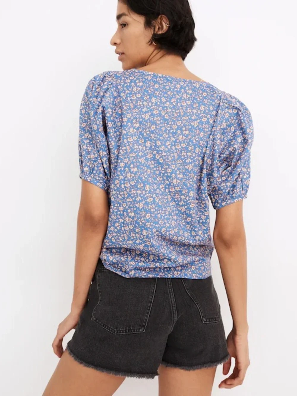 Madewell Blue Floral Puff Sleeve Blouse Cottagecore Feminine Casual Top Size XS
